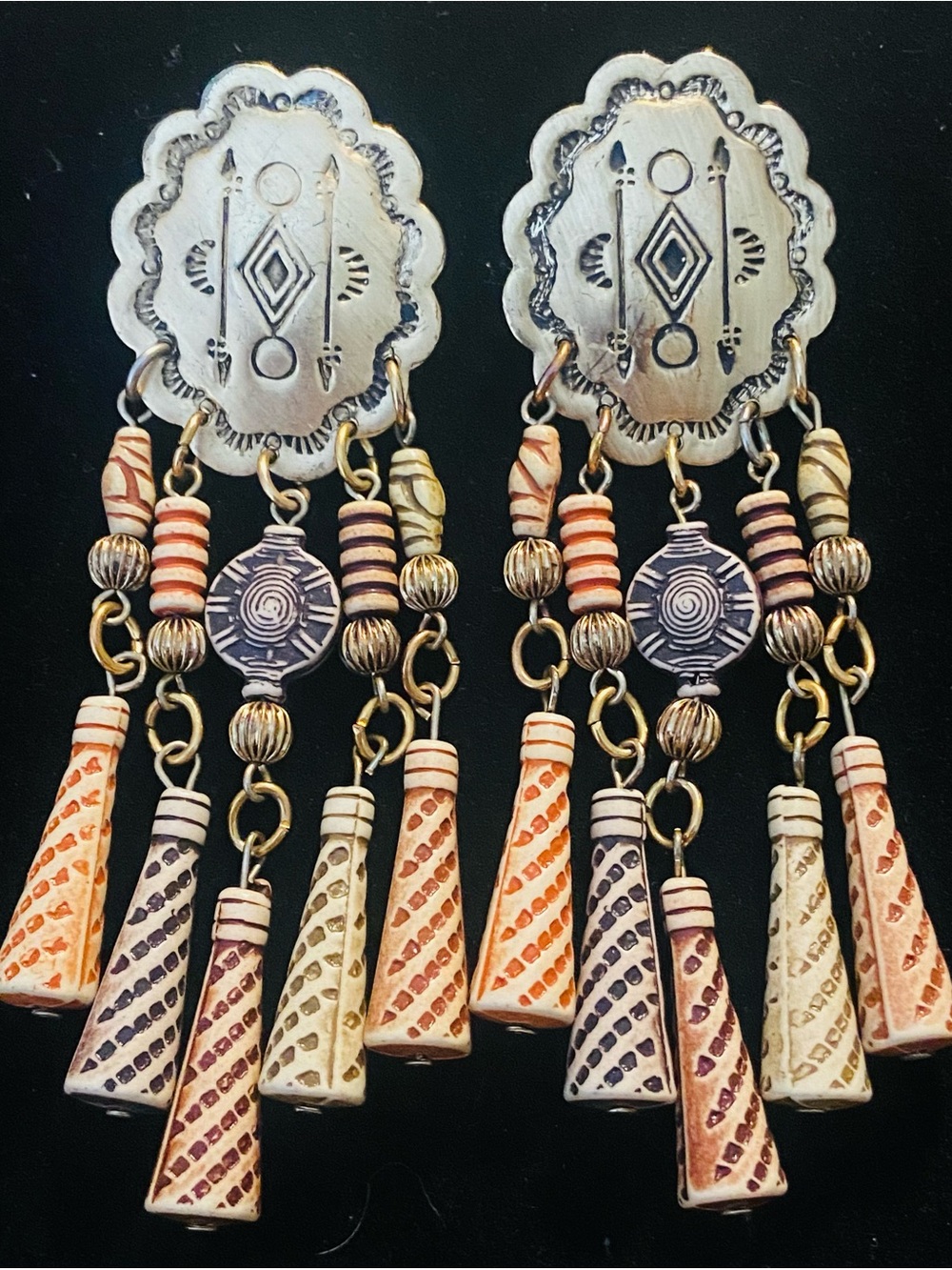 Vintage Southwestern Tribal Gold Tone Concho Dangle Earrings Multicolor Beads